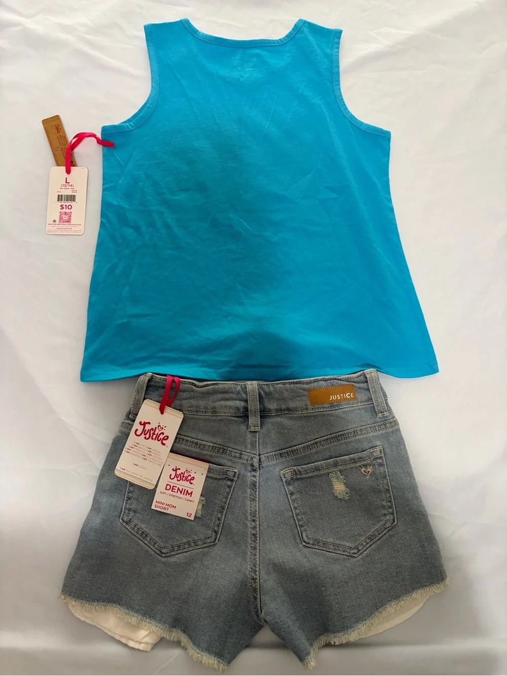 Justice Turquoise Tank Top & Denim Sequin Shorts Set Grapic Size L 12/14
